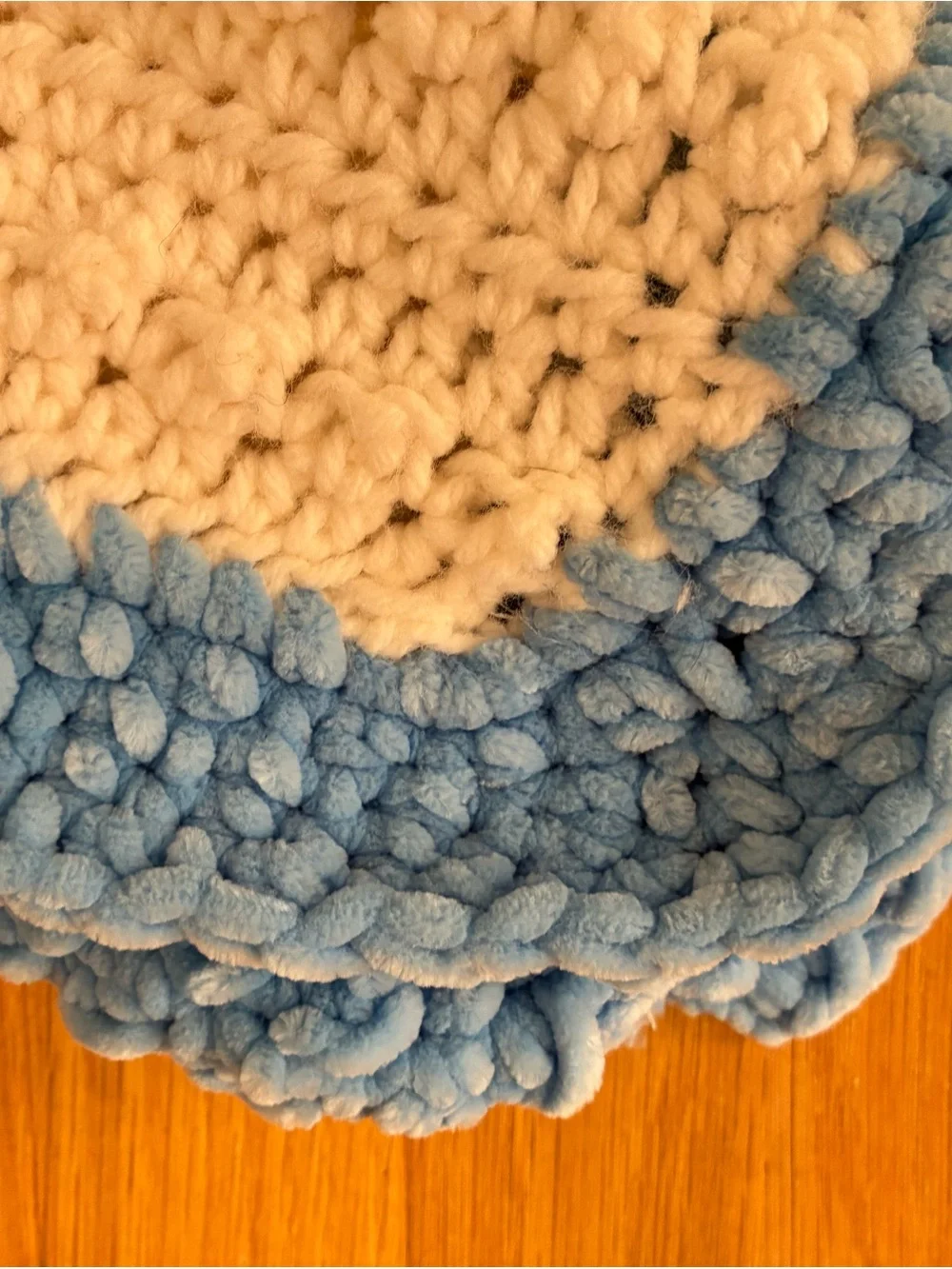 Baby Crochet White Blanket with Blue Velvet Trim - Handmade